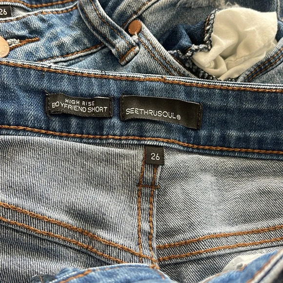 See Thru Soul 2 blue denim jean high rise boyfriend shorts sz 26 distressed raw - Picture 2 of 16